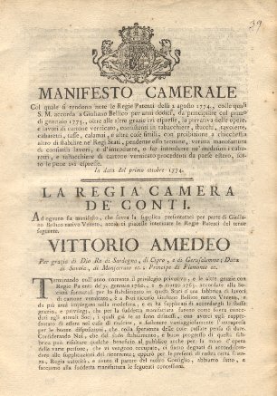 Manifesto Camerale col quale si rendono note le Regie Patenti …