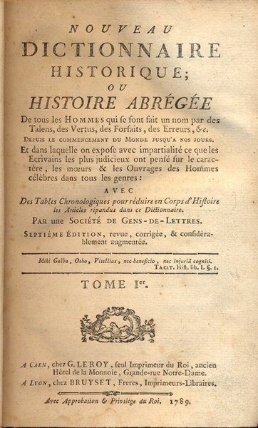 Nouveau Dictionnaire Historique; ou histoire abregee de tous les hommes …