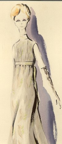 Bozzetto sartoriale. Abito lungo da sera a foglie verdi.