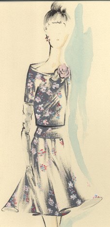 Bozzetto sartoriale. Abito da passeggio corto con fiori rosa. | Immagine Gallery 1