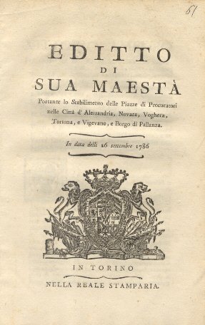 Editto di Sua Maestà portante lo Stabilimento delle Piazzi di …