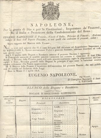 Editto napoleonico che riporta il quadro delle Dogane e Ricettorie.