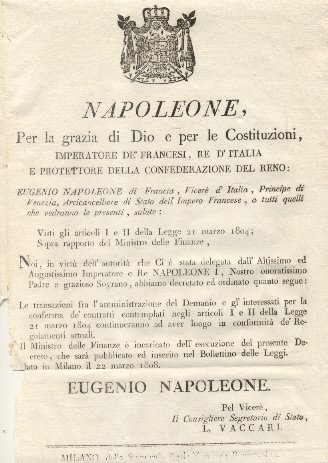 Editto napoleonico che stabilisce chi il Ministro delle Finanze faccia …