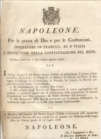 Editto napoleonico per il raduno dei Collegi Elettorali del Regno …