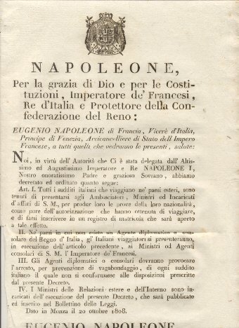 Editto napoleonico che stabiliscele l'obbligo per i cittadini italiani all'estero …