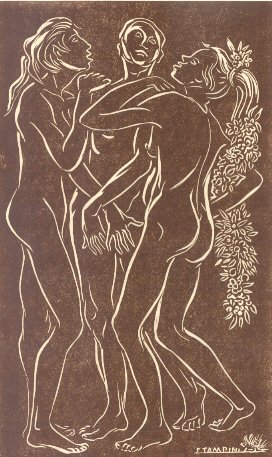 Senso. Xilografia in marrone.