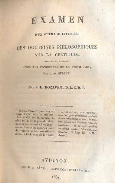Examen d'un ouvrage intitule: des doctrines philosophiques sur la certitude …
