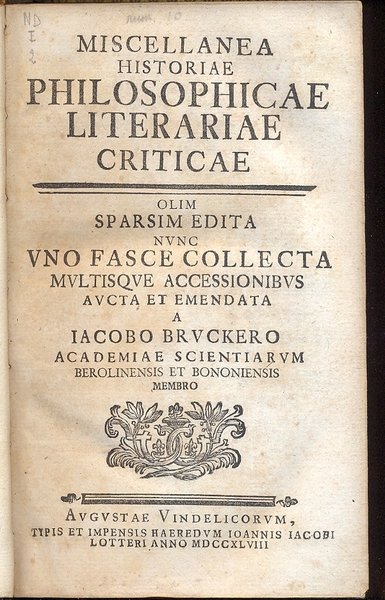 Miscellanea historiae philosophicae literariae criticae. Olim sparsim edita nunc uno …