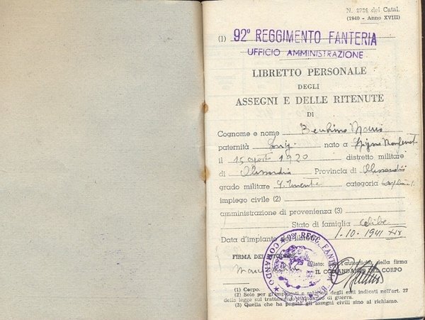 Libretto personale degli assegni e delle ritenute per ufficiali militarizzati …