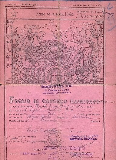 Foglio di congedo illimitato. Regio Esercito Italiano. Distretto M.re d'Alessandria.