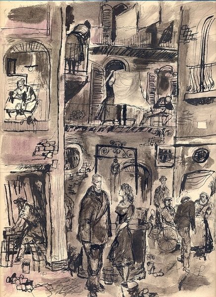 Interno di palazzo con personaggi.