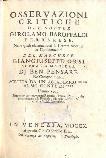 Osservazioni critiche del dottor Girolamo Baruffaldi. Nelle quali esaminandosi la …