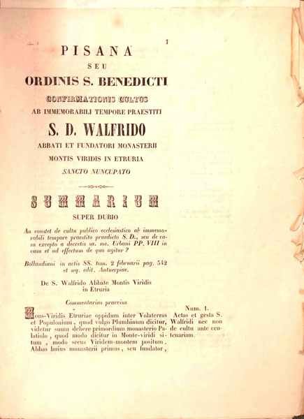 Pisana seu ordinis S. Benedicti Confirmationis Cultus ab immemorabili tempore …