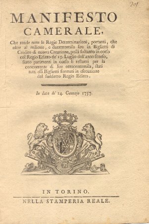Manifesto Camerale riguardo circolazione dei biglietti di credito.24 gennaio 1757.