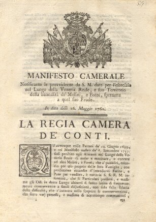 Manifesto Camerale riguardante le provvidenze da S. M. date per …