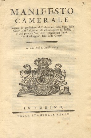 Manifesto Camerale circa la proibizione dell'estarzione fuori Stato delle Ceneri.2 …