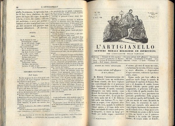 L'artigianello. Letture morali, religiose ed istruttive per l'educazione delle famiglie. Rivista settimanale diretta da Ottavio Gigli. La rivista contiene scritti su viaggi, agricoltura, scienze, astronomia ecc.