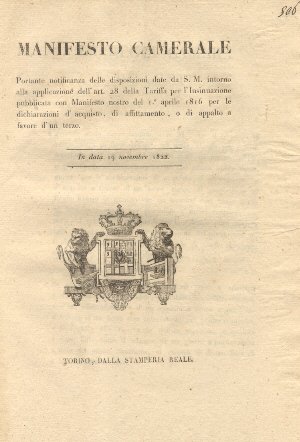 Manifesto Camerale portante notificanza delle disposizioni date da S.M. intorno …
