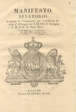 Manifesto Senatorio notificante la Convenzione per l'abolizione del diritto d'Albinaggio …