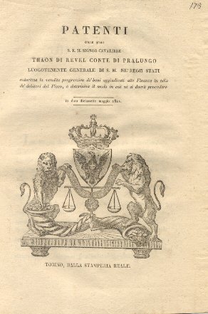 Patenti colle quali S. E. Thaon di Revel Luogotenente Generale …