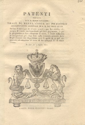 Patenti colle quali S. E. Thaon Di Revel Luogotenente Generale …