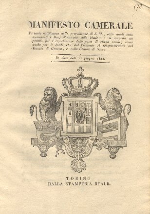Manifesto camerale portante notificanza delle provvidenze di S. M., colle …