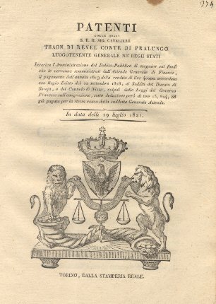 Patenti colle quali S. E. Thaon Di Revel Luogotenente Generale …