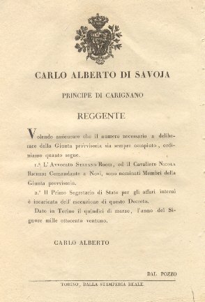 Provvedimenti di Carlo Alberto di Savoia, Reggente, col quale nomina …