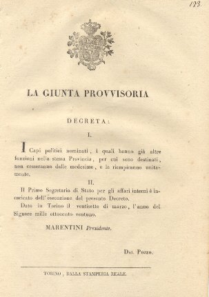 Decreto della Giunta Provvisoria con il quale si stabilisce che …
