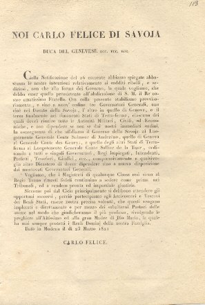 Decreto di Carlo Felice di Savoja nel quale si nominano …