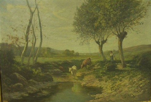 Mucche al pascolo sulle rive di uno stagno, con contadina. | Immagine Gallery 1