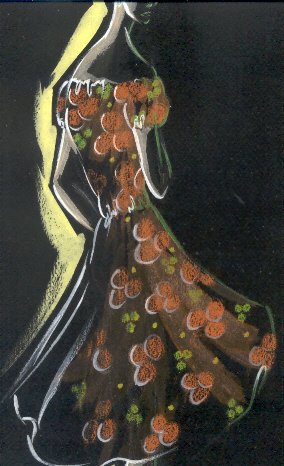 Bozzetto sartoriale. Abito da passeggio con fiori arancio.