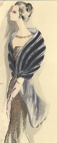 Bozzetto sartoriale. Abito lungo da sera con stola di pelliccia.