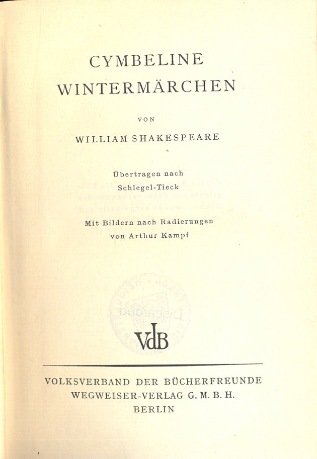 Cymbeline; Wintermarchen. Der Sturm. Heinrich VIII.