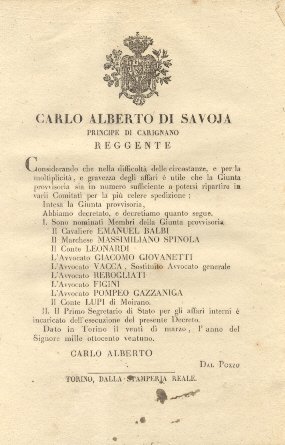 Decreto di Carlo Alberto di Savoia Principe di Carignano Reggente …