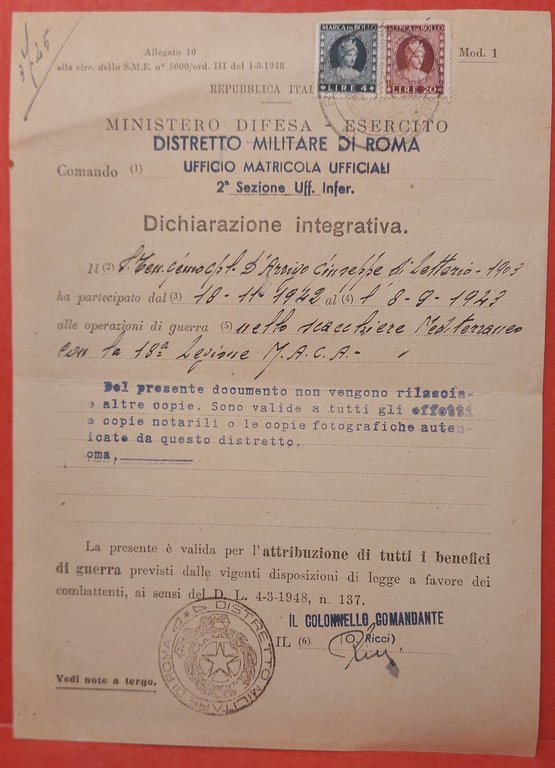 Dichiarazione Integrativa per l'Attribuzione di Benefici di Guerra. | Immagine Gallery 2