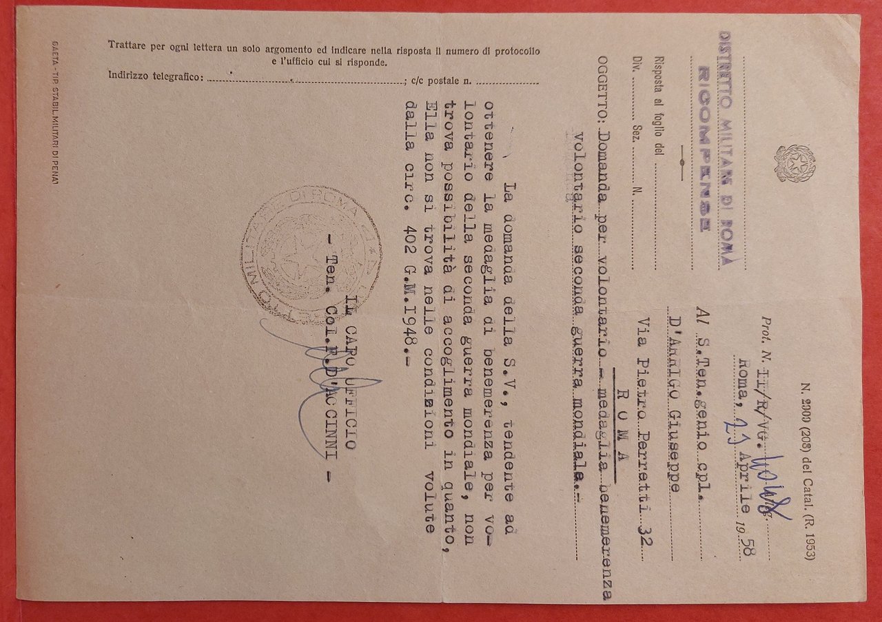 Domanda per volontario – Medaglia benemerenza per Giuseppe D’Arrigo.