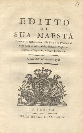 Editto di Sua Maestà portante lo Stabilimento delle Piazzi di …