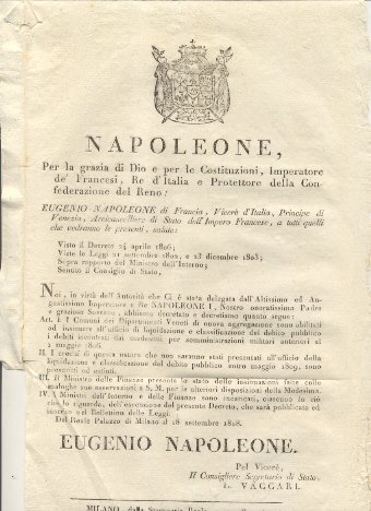 Editto napoleonico che decreta chi i Comuni dei Dipartimenti Veneti …