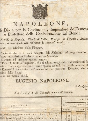 Editto napoleonico che decreta la tariffa de' tabacchi a peso …