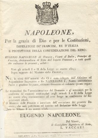 Editto napoleonico che stabilisce chi il Ministro delle Finanze faccia …