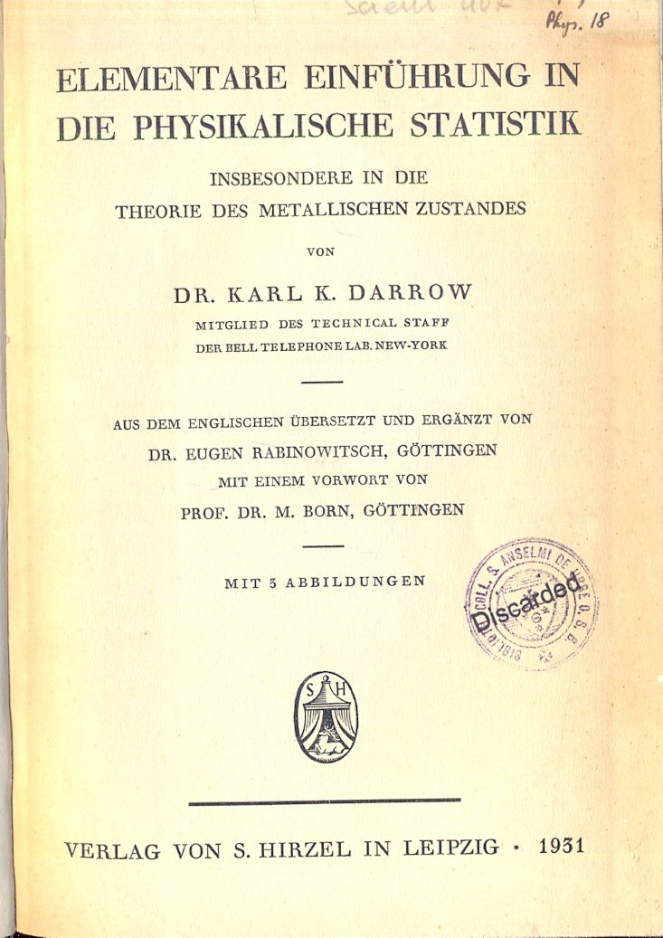 Elementare einfuhrung in die physikalische statistik. insbesondere in die theorie …