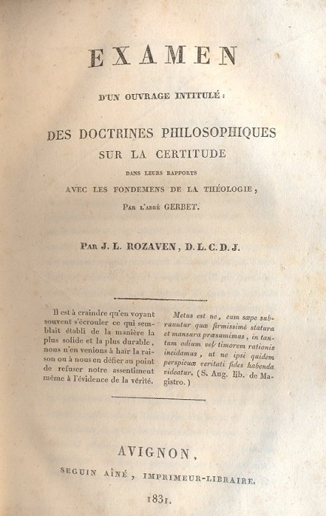 Examen d'un ouvrage intitule: des doctrines philosophiques sur la certitude …
