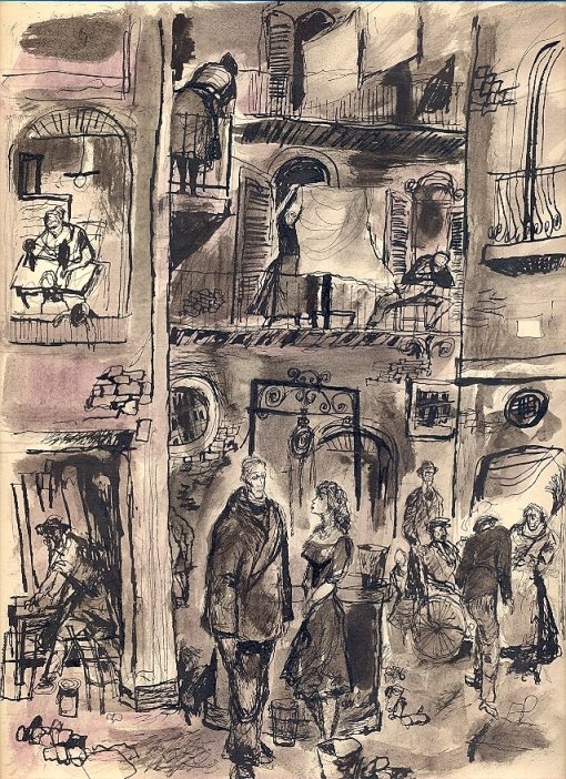 Interno di palazzo con personaggi.