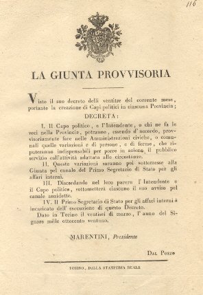 La Giunta Provvisoria decreta che il Capo Politico e l'intendente …