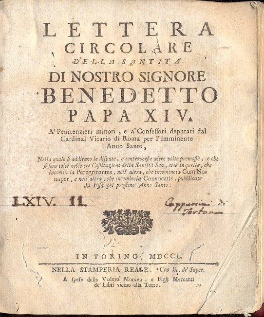Lettera Circolare della Santità di Nostro Signore Benedetto Papa XIV. …
