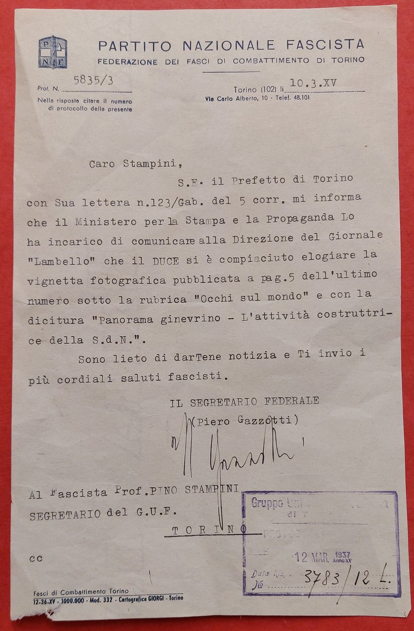 Lettera di Comunicazione di complimenti da Mussolini per Pino Stampini. | Immagine principale
