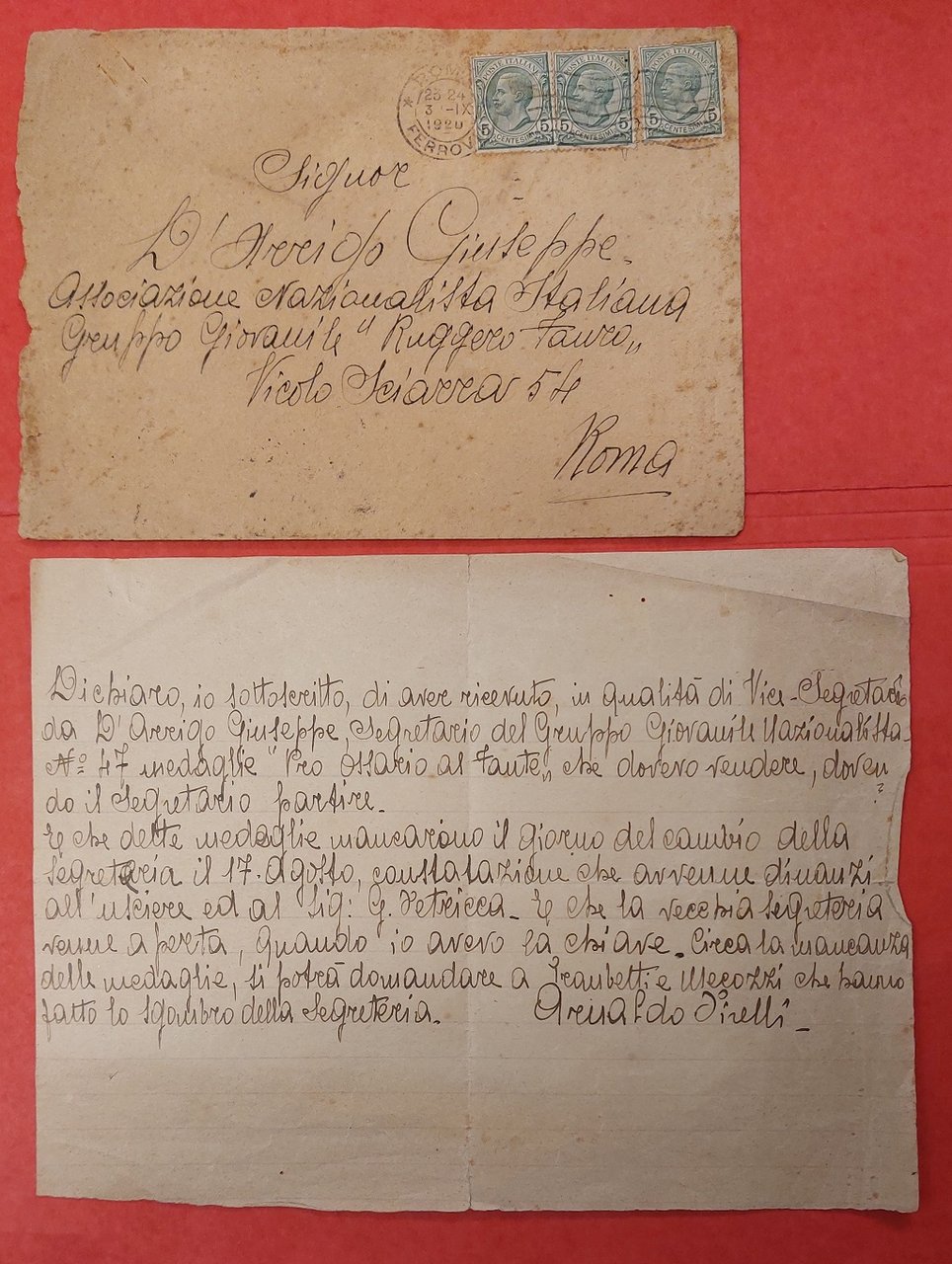 Lettera di dichiarazione riguardo Medaglie mancanti