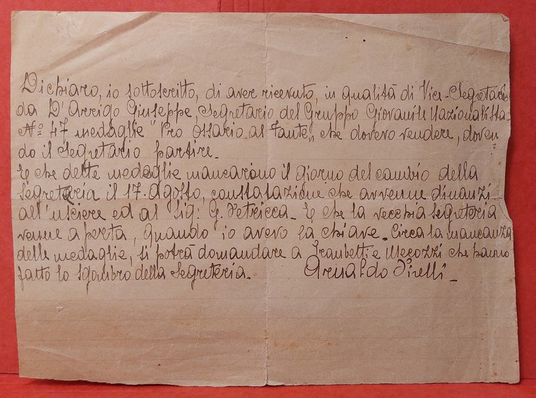 Lettera di dichiarazione riguardo Medaglie mancanti