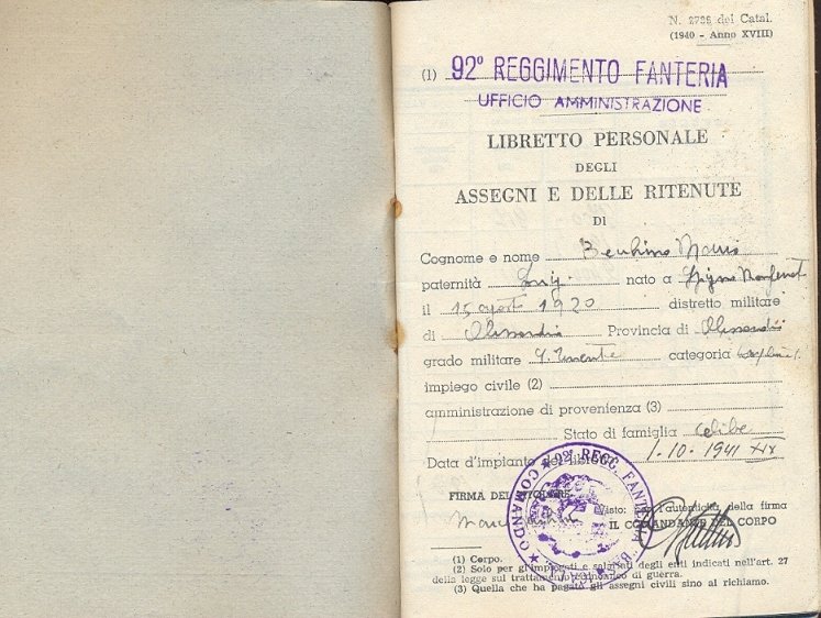 Libretto personale degli assegni e delle ritenute per ufficiali militarizzati …
